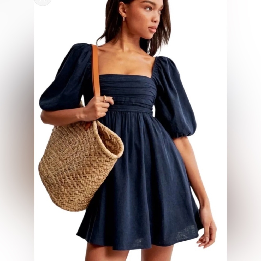 Abercrombie & Fitch Navy Square-Neck Puff Sleeve Mini Dress